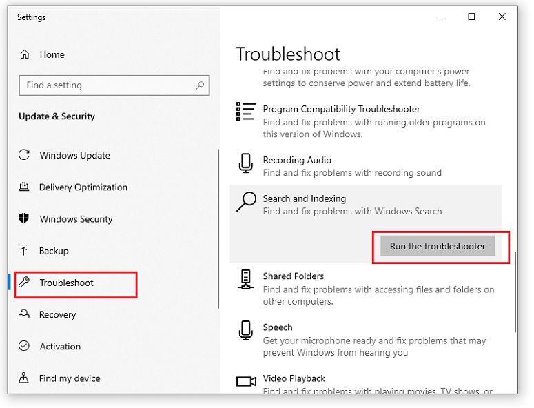 Launch the search and indexing troubleshooter - Search Menu is Not Working on windows 10 