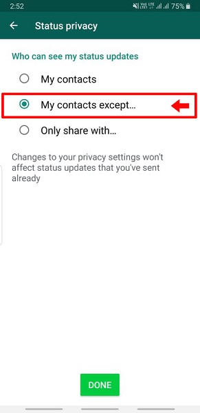 Steps to hide WhatsApp status from some contacts