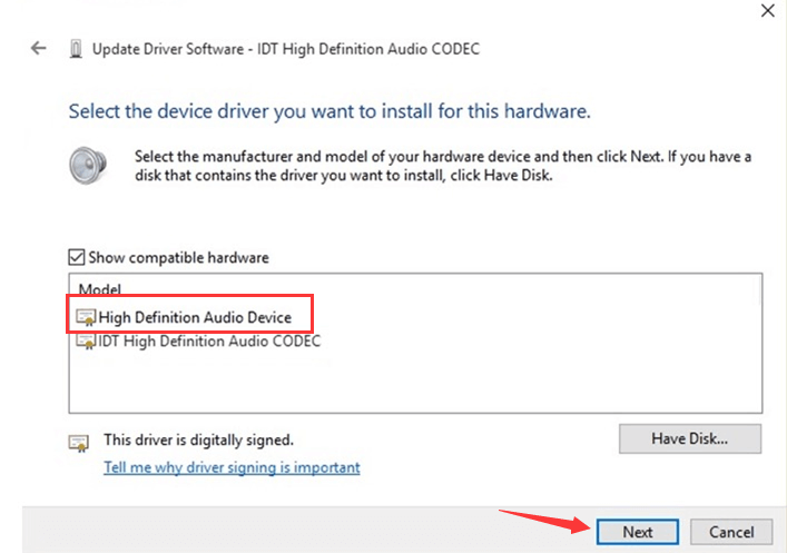 Install the IDT high definition audio driver again with Device Manager-6