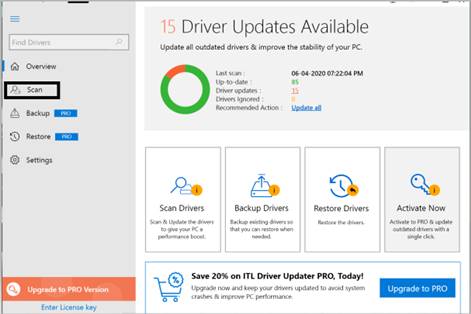 scan option in left side of ITL driver updater window