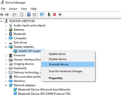 right-click on the graphics driver and choose the Uninstall device