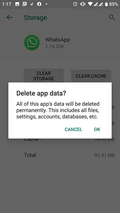 delete whatsapp app data