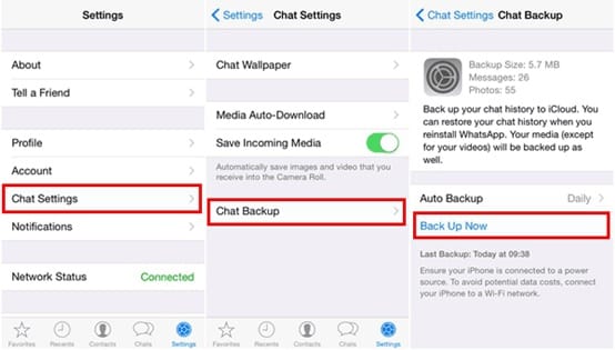 select the Back Up Now option to create a backup of your chats on iCloud select the Back Up Now option to create a backup of your chats on iCloud