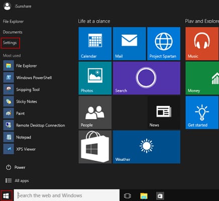 Start icon and select Settings from start menu
