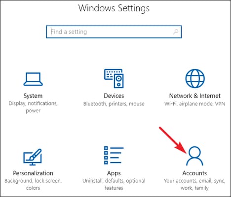 account option from windows settings
