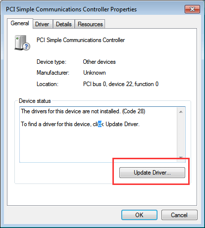 Try PCI Simple Communications Controller driver download via Device Manager