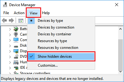 Use Device Manager to show Hidden Devices
