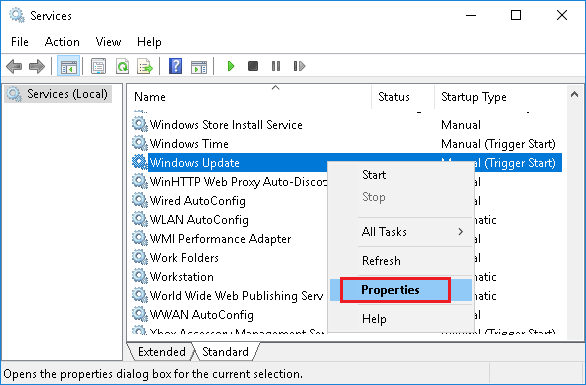 Windows Update Properties from Services