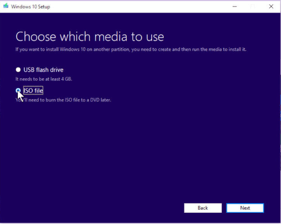 choose the ISO file option for setup windows 10