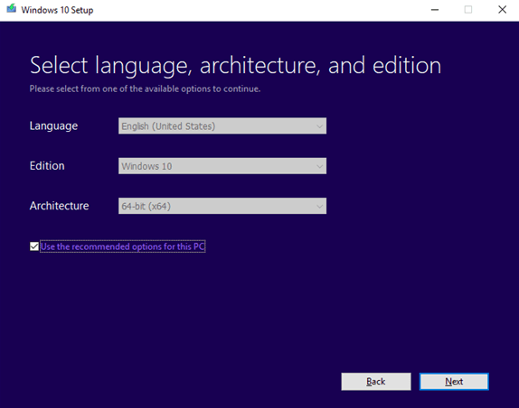 select language, architecture and edition for windows 10 setup