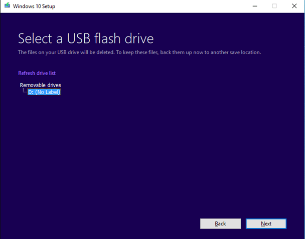 select usb flash drive for windows 10 setup