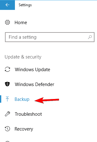 backup option from windows setting