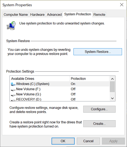 System Protection tab in system restore