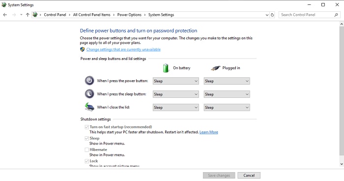 power option system setting