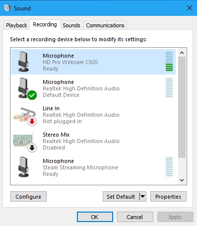 choose microphone in recording tab from sound properties