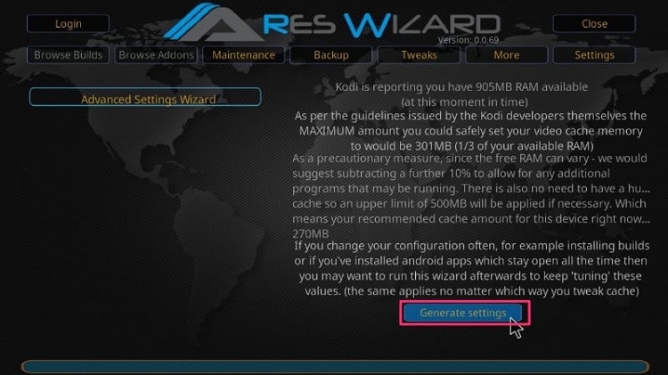 Click on Generate Settings Button for ARES WIZARD Advanced Settings Wizard