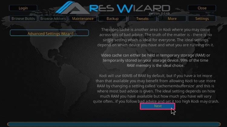 Click on Next Button for ARES WIZARD Advanced Settings Wizard