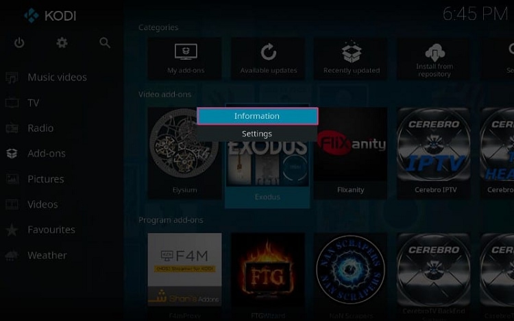 Kodi Exodus Information button