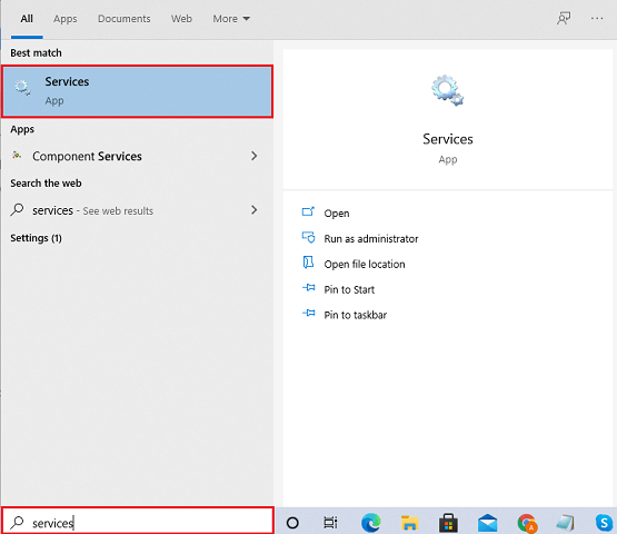 Type Services in the Windows search box
