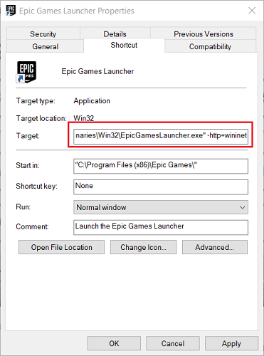 add http=wininet at its end after adding a space