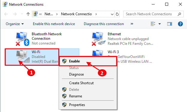 right click on wifi connection and select enable