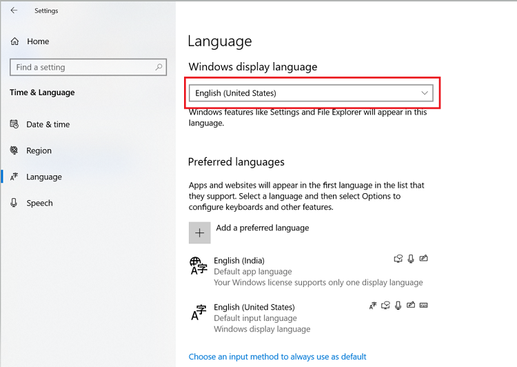 Set the Windows display language to English