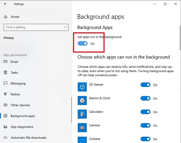 turn on apps run in the background