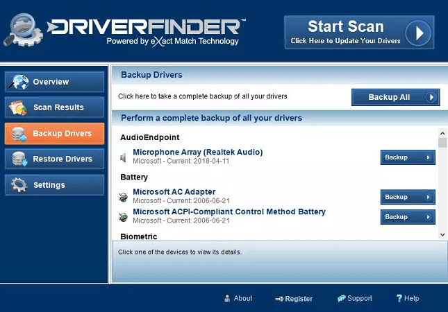 Backup option of driverfinder