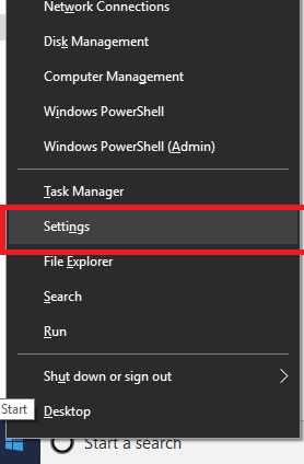 Right-click on the Start button and select Settings