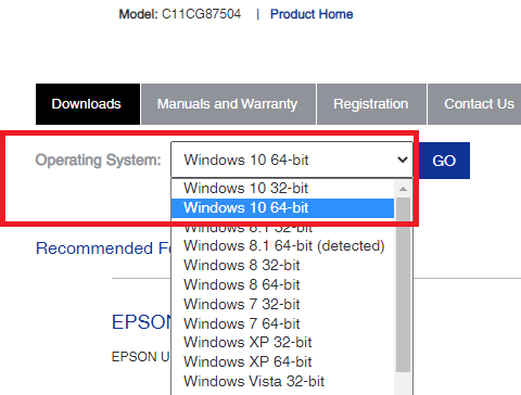 Chose the Windows operating system to download the Epson L380 driver