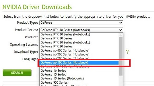 Select GeForce MX100 Series Notebook as the Product Series