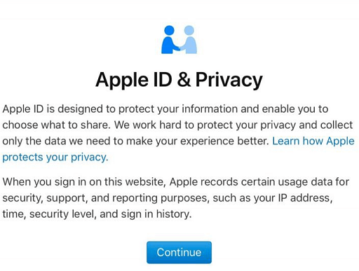 Click on Continue on the warning page of apple id privacy