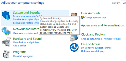 Disable Windows Firewall or Antivirus - Click on system and security