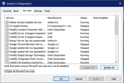 Clean Boot the Windows - Hide all microsoft services and disable all
