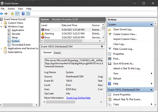 double-click on Windows Logs and then right-click on System