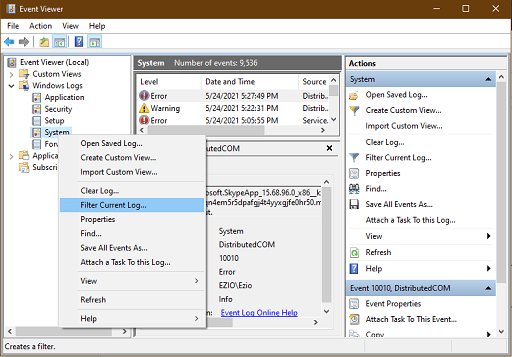 click on Filter Current log