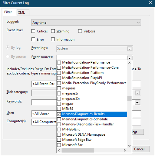 In the Event Sources menu, look for MemoryDiagnostics-Results and click on it