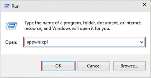 Type appwiz.cpl and click on OK in the Run Box