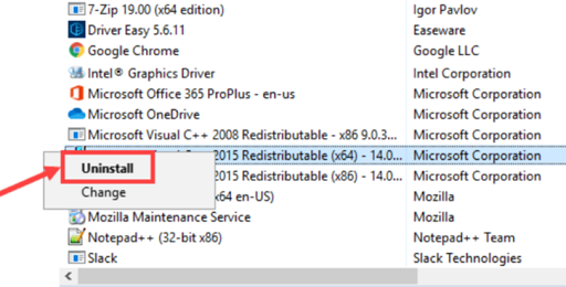 Uninstall x64 and x86 Visual Studio C++ 2015 Redistributable