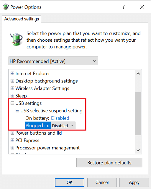 USB selective suspend setting and select the Disabled option