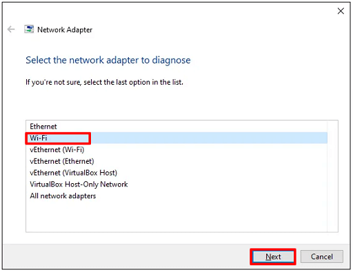 Choose WiFi, click on Next, and go along with the on-screen prompts to fix the network adapter issues.