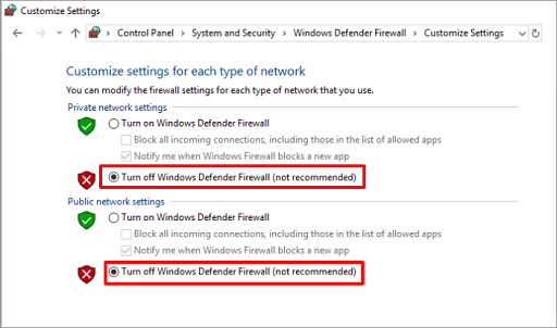 Turn off Windows Defender Firewall buttons for both private and public networks and then choose OK.