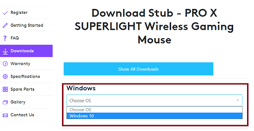 Choose OS bar, select the OS for which you need the driver and click on it