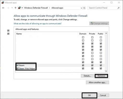 Allow an app or feature through Windows Defender Firewall- remove