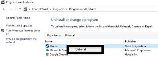 Try Uninstalling and Then Installing the Steam Again- uninstall