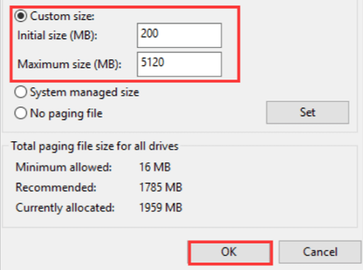 Make the paging file size large- change the custom size