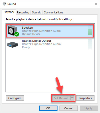 Acer laptop sound not working-Set the speaker as default