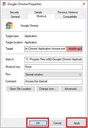 Target tab, type --disable-gpu at the end ok and apply