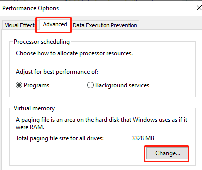 Increase the virtual memory- advanced tab and change button