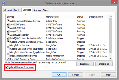 system configuration- Hide all Microsoft services
